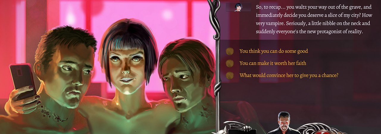 Story scene from Nighthawks with three characters talking in a neon-lit room