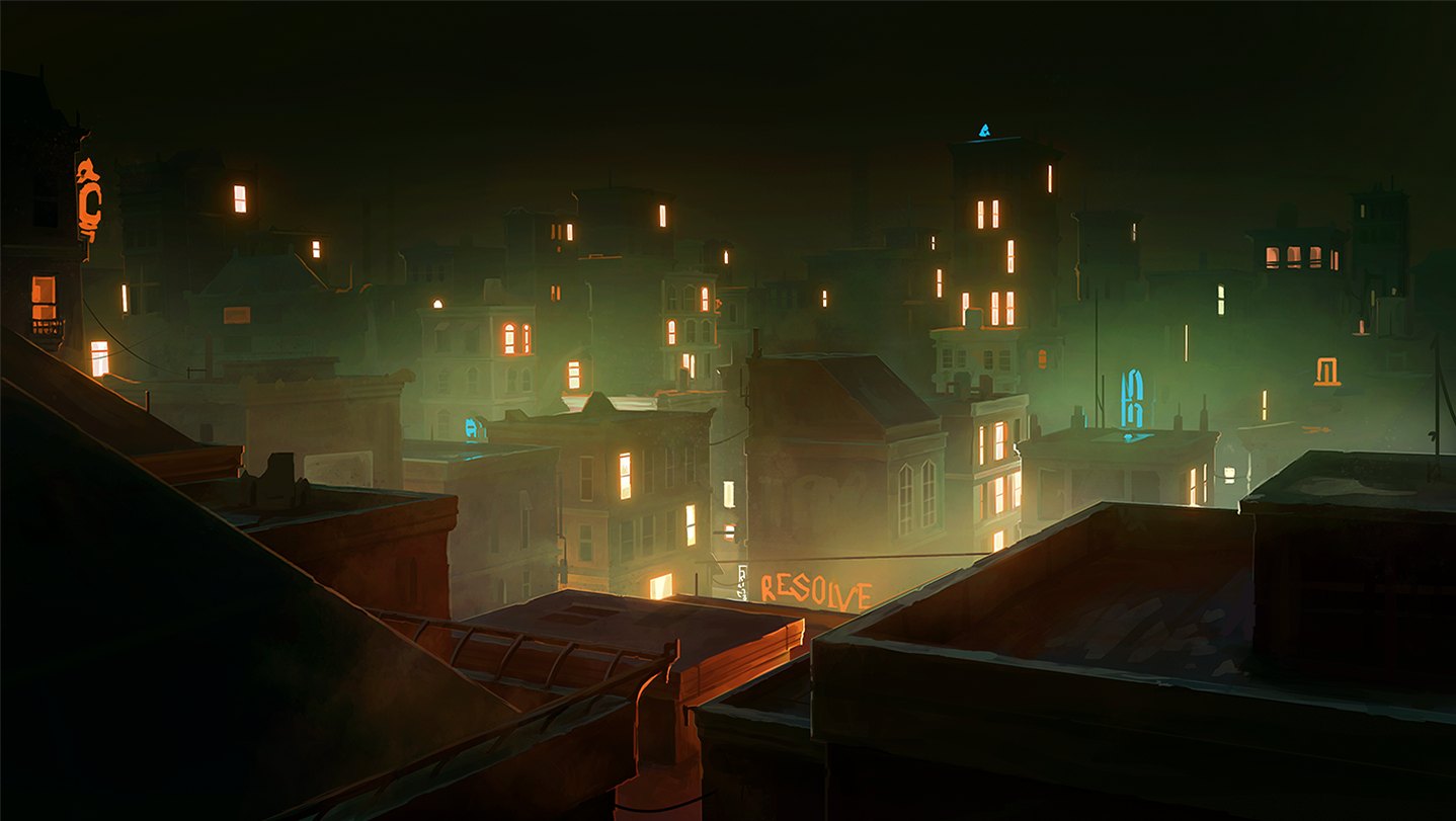 Rainy night skyline of Cradlebridge, the city where Nighthawks takes place