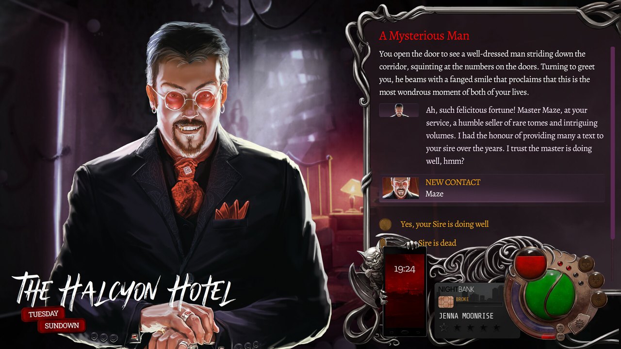 Dialogue choices with a mysterious man at the Halcyon Hotel in Nighthawks
